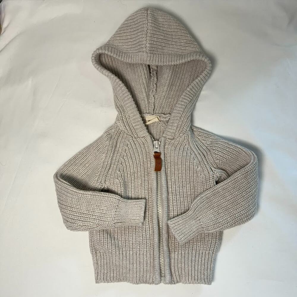 Goumi Organic Cotton Knit Baby 0-3M Oatmeal Zip Front Hooded Sweater Hoodie